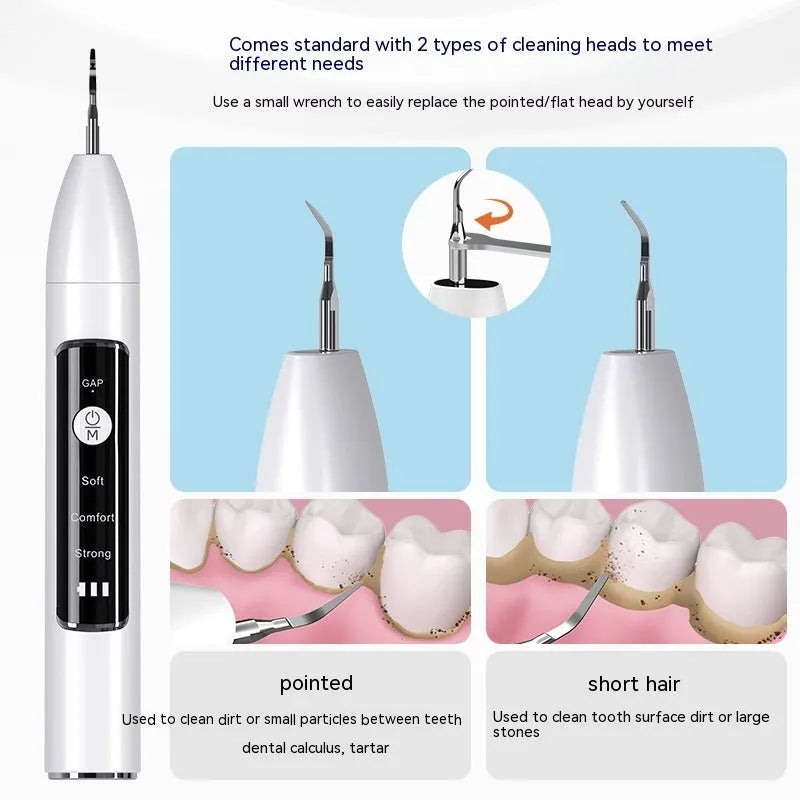 Ultrasonic dental cleaner with visual display, 30KHZ tracking, three cleaning modes, and 500mAh rechargeable battery.