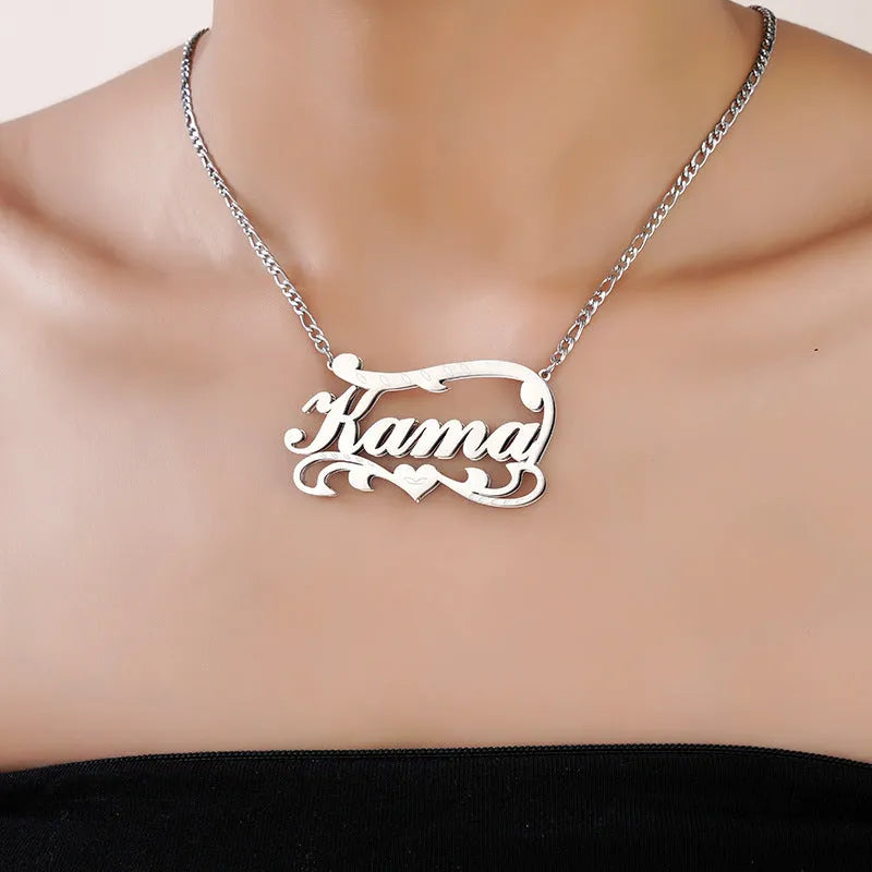 Personalised double-layer wave heart necklace with engraved text in gold or silver stainless steel