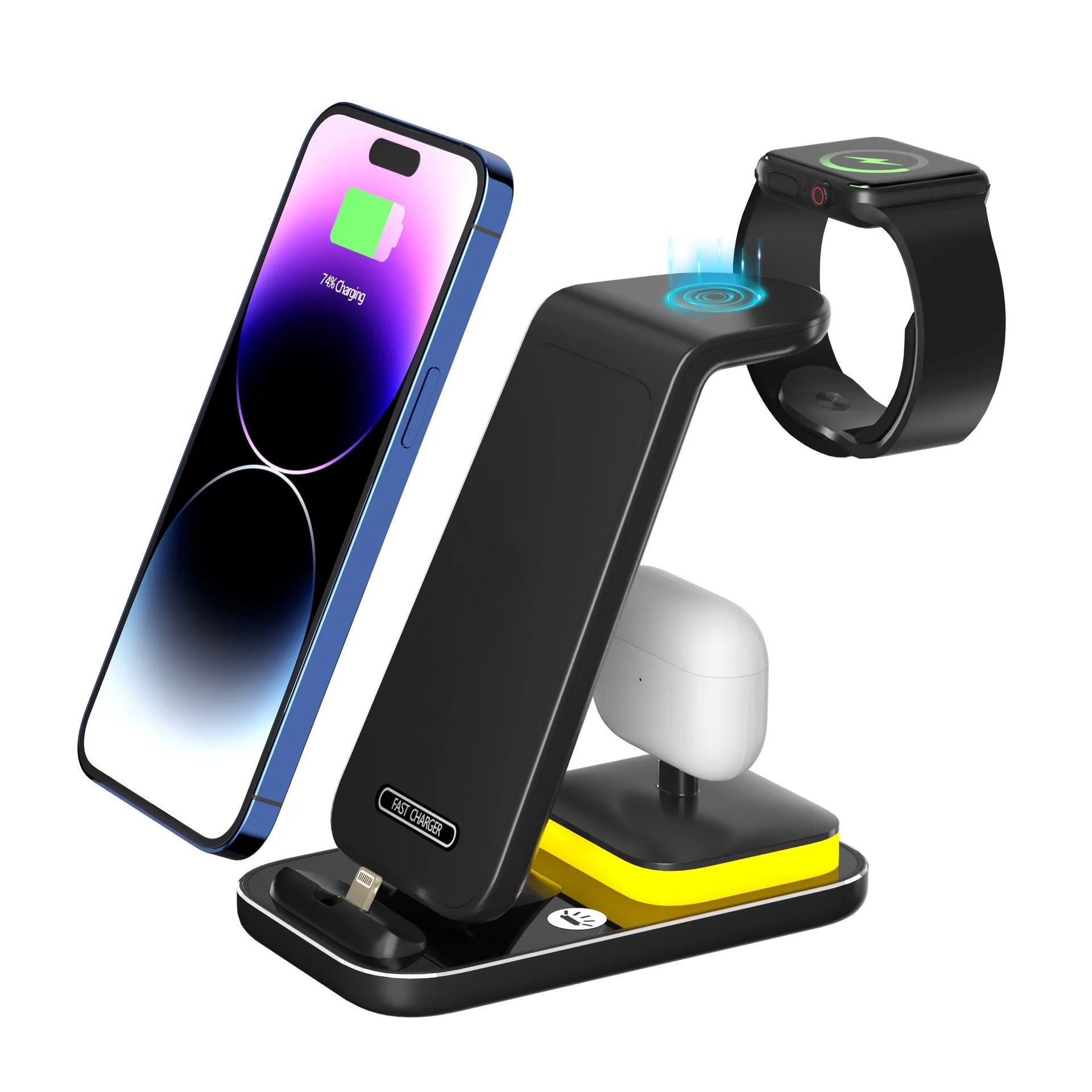 Black vertical wireless charging station with phone, smartwatch, and earbuds charging simultaneously