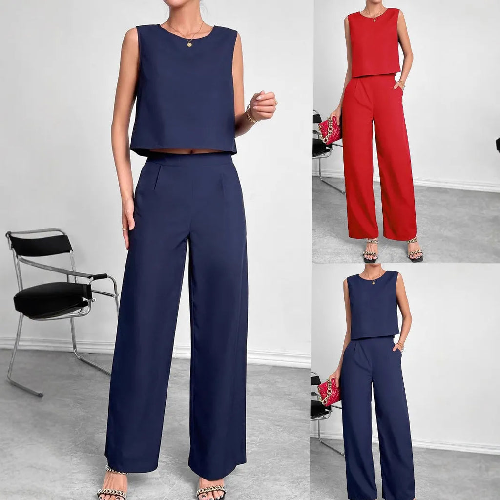 Red or navy blue sleeveless top and wide leg pants two-piece set in 100% polyester fabric