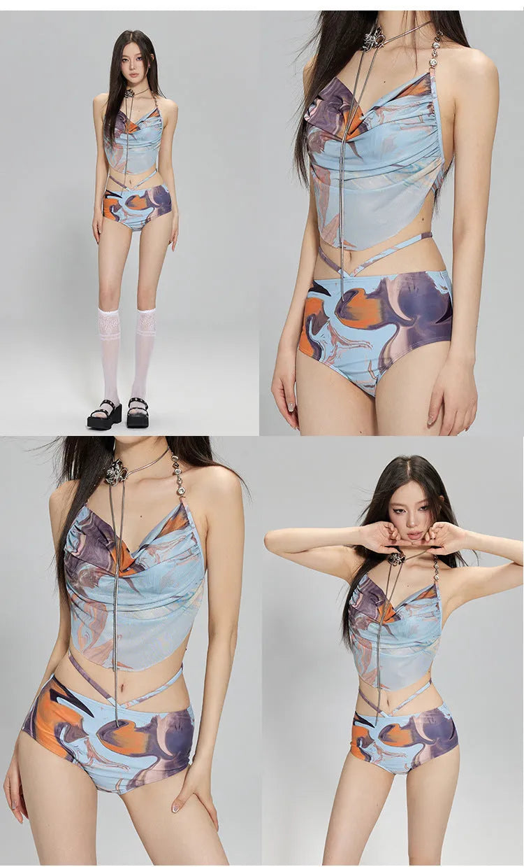 Women's three-piece bikini set with steel wire push-up support in printed colours