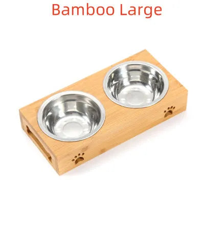 Solid wood pet dining table with stainless steel bowl inserts in a pine finish for dogs and cats.