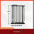 White plastic baby safety gate installed at top of stairs with 78cm height and adjustable width mechanism