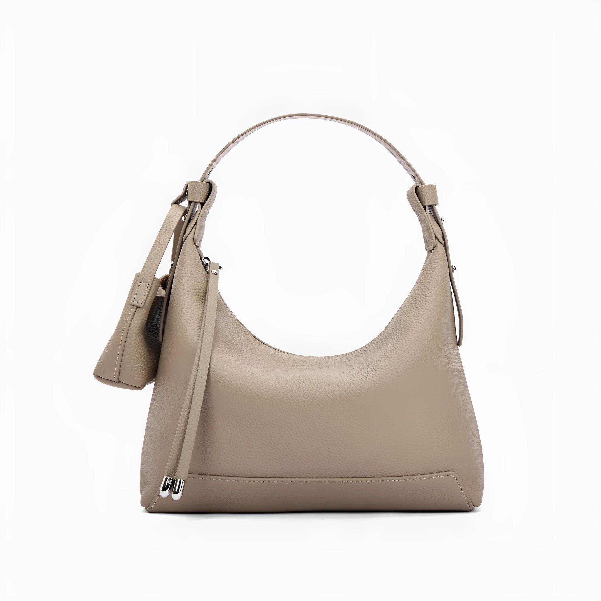 Simple grey genuine cowhide leather women's shoulder bag with visible stitching, shown on a neutral background.