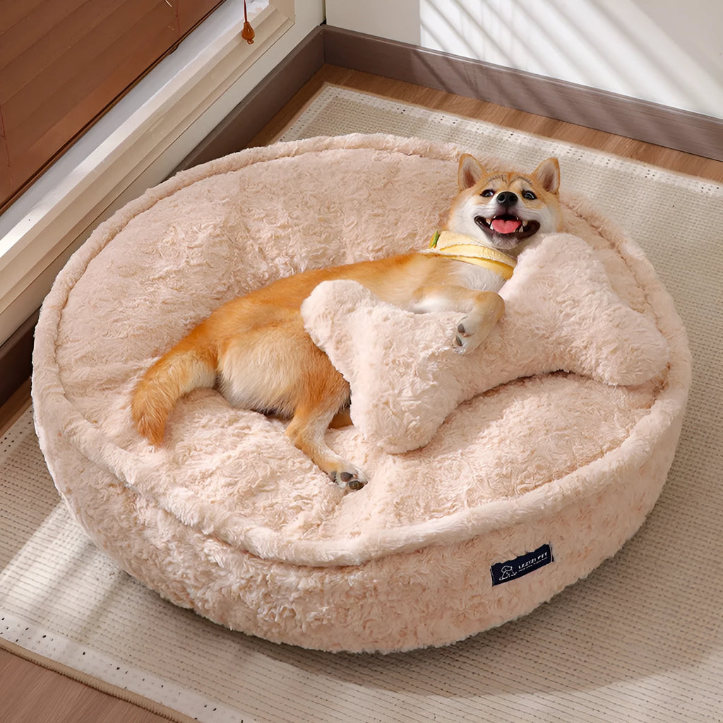 Small round nest dog kennel in a soft milk tea coloured cloth, suitable for indoor use.
