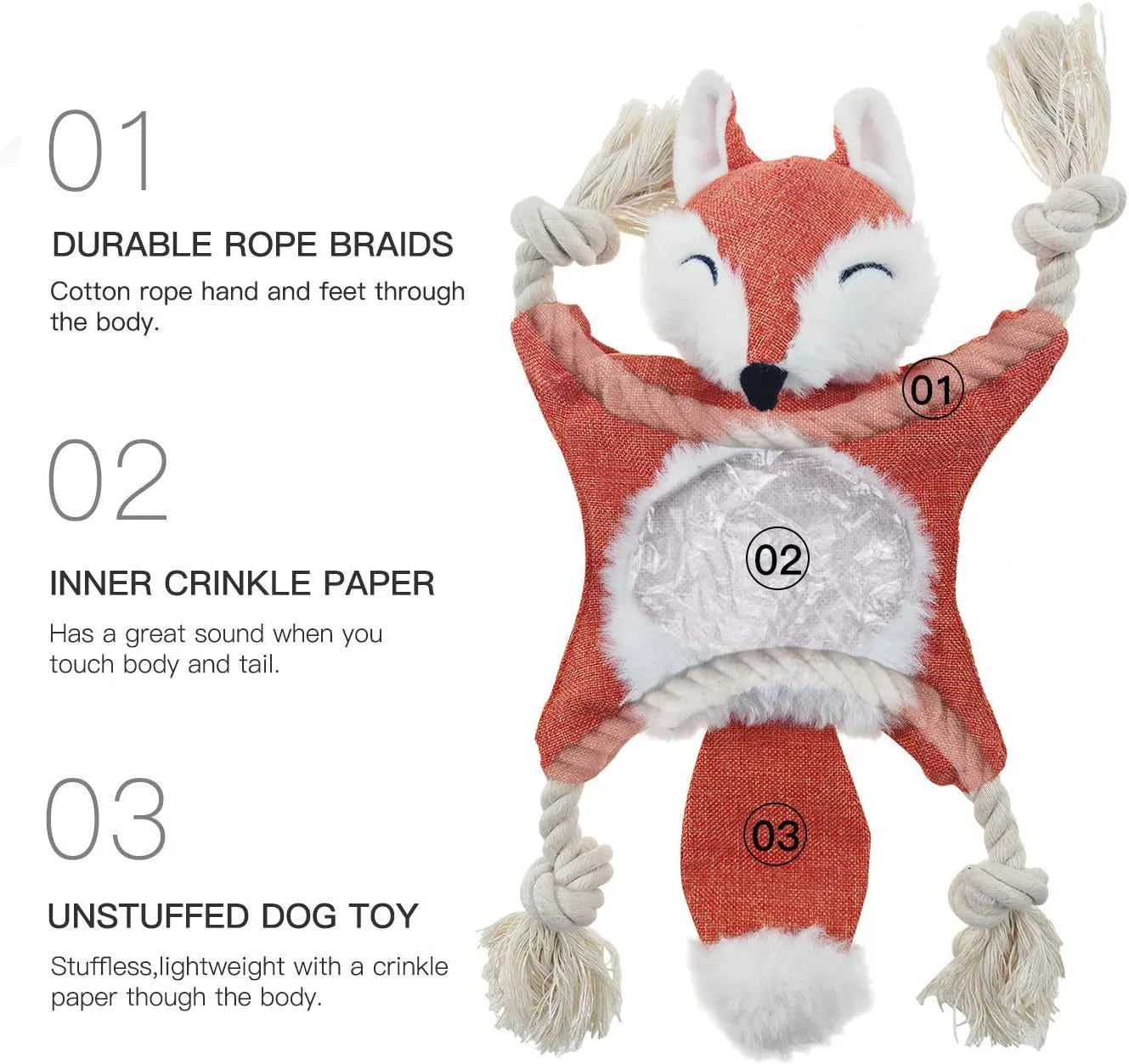 Brown fox dog toy with embroidered eyes, cotton rope arms and legs, and stuffless plush body