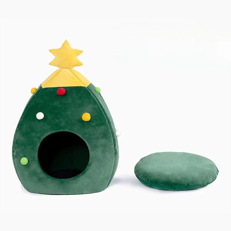 Christmas tree-shaped plush cave pet bed for cats and dogs with detachable cover in three available sizes
