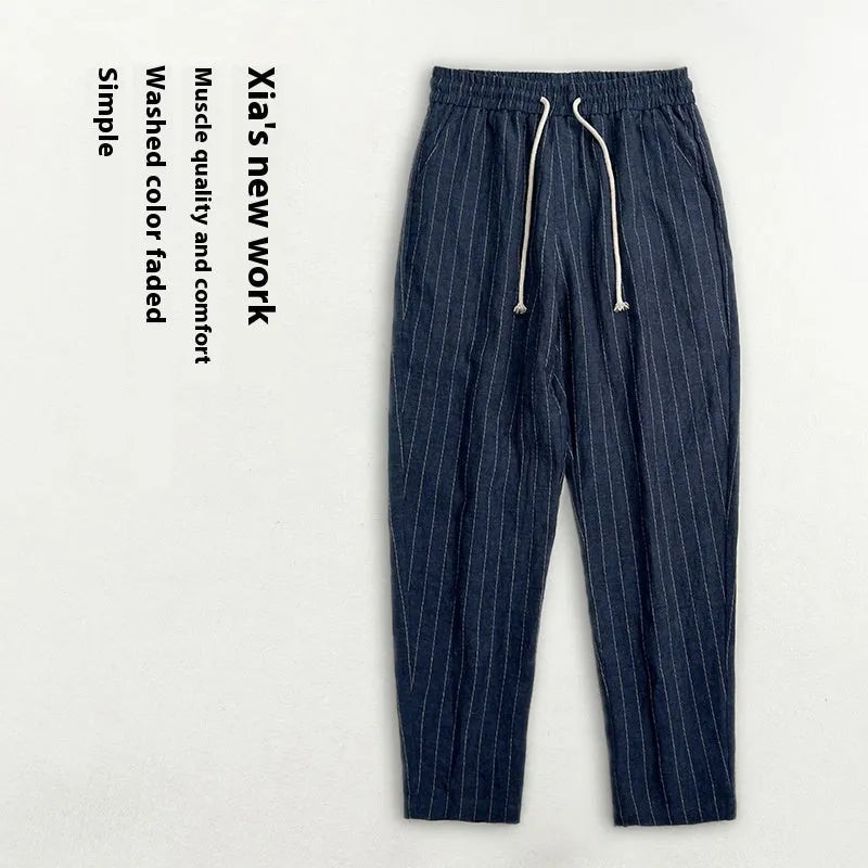 Men's striped cotton-linen cropped trousers in khaki, coffee, navy blue and white colour options