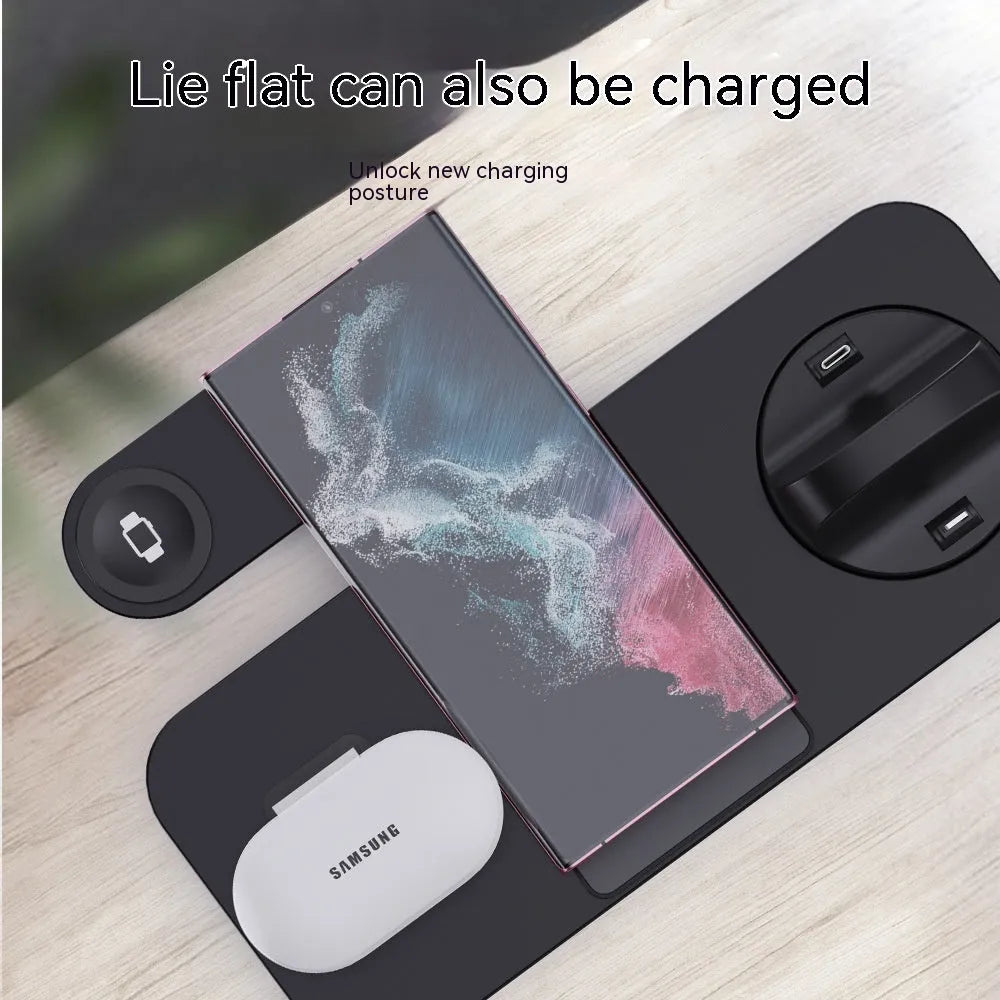 B-21 three-in-one wireless charging station for phone, watch, and headphones in black and white colour options.