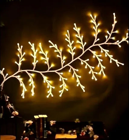 Flexible LED willow vine light with white birch texture, 2.3m long, 144 warm white lights for wall decor