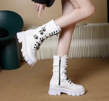 Women's black mid-calf knight boots with metal buckle and side zipper, round toe design on viscose sole