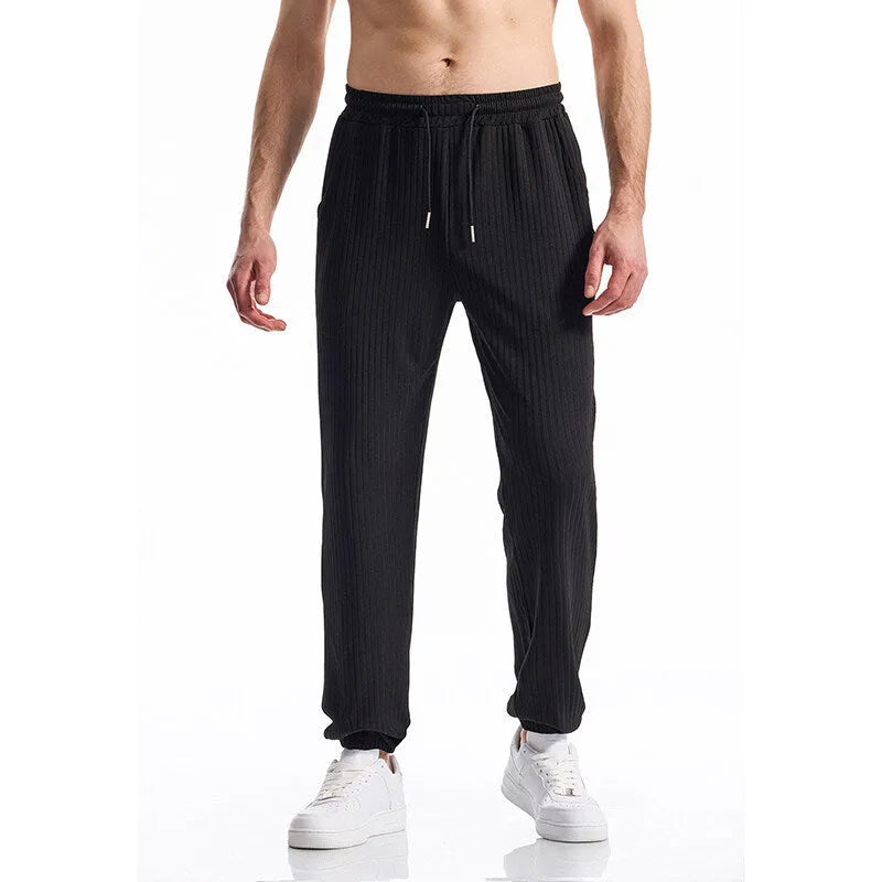Silky rib fabric casual pants in baggy straight-leg style with elastic waistband