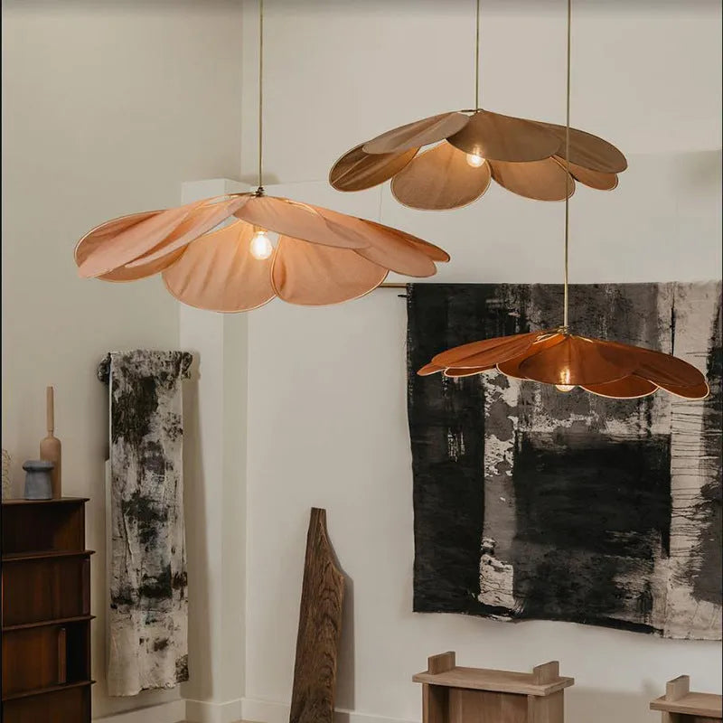 Bohemian style cloth-craft hanging chandelier lamp in various colours and sizes.