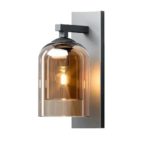 Nordic glass wall lamp with E27 holder, letter lamp shape, soot or amber shade, for living room or hotel aisle.