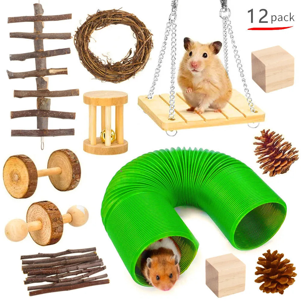 Natural wood toy collection for small animals including straw mats, woven balls and chewable shapes