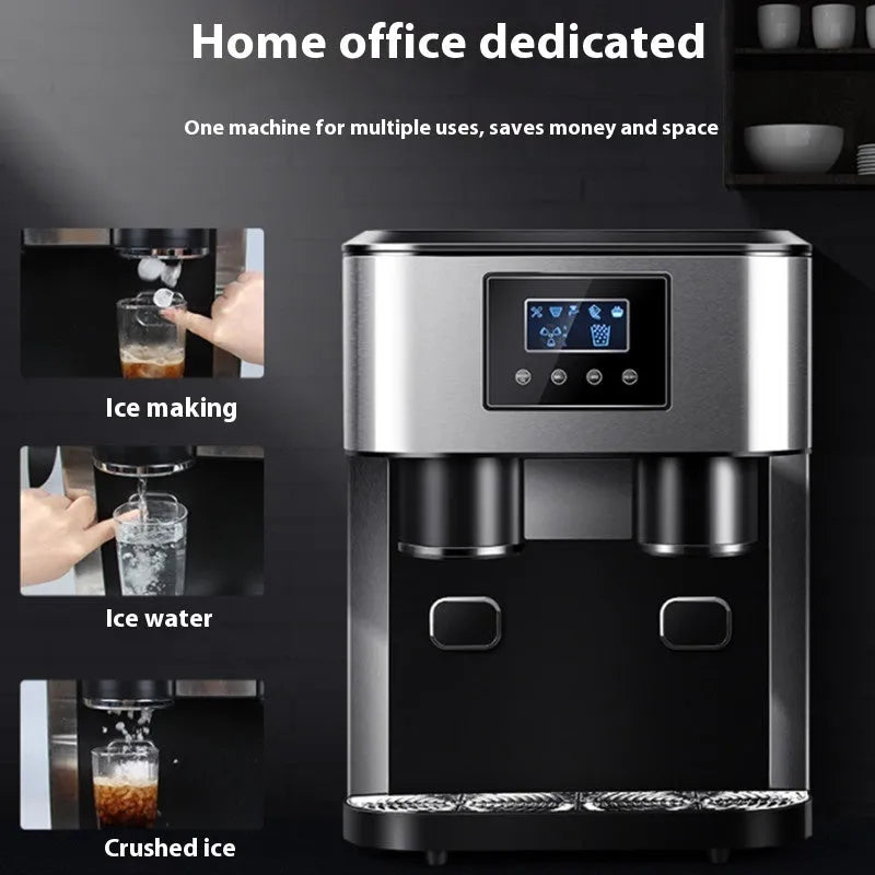 Black desktop ice maker machine with stainless steel interior on a kitchen countertop