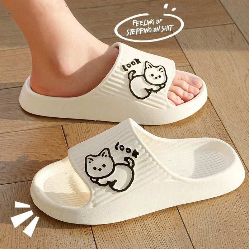 Green cat-themed thick platform sliders with a non-slip EVA sole on a white background.