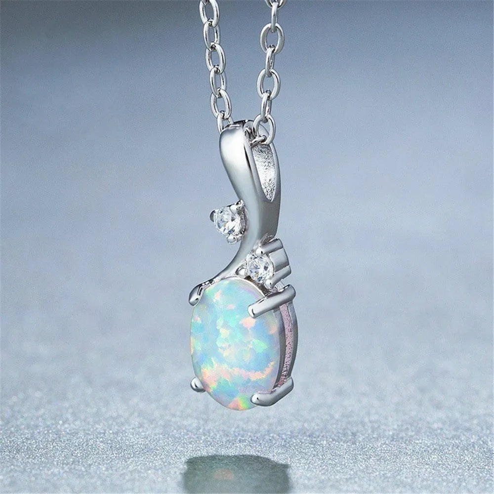 Water drop opal pendant necklace with adjustable chain in rose gold or white electroplated finish