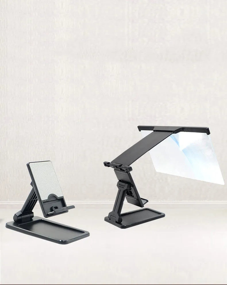 Black 12-inch mobile phone screen amplifier with detachable magnifier and phone holder in folded position