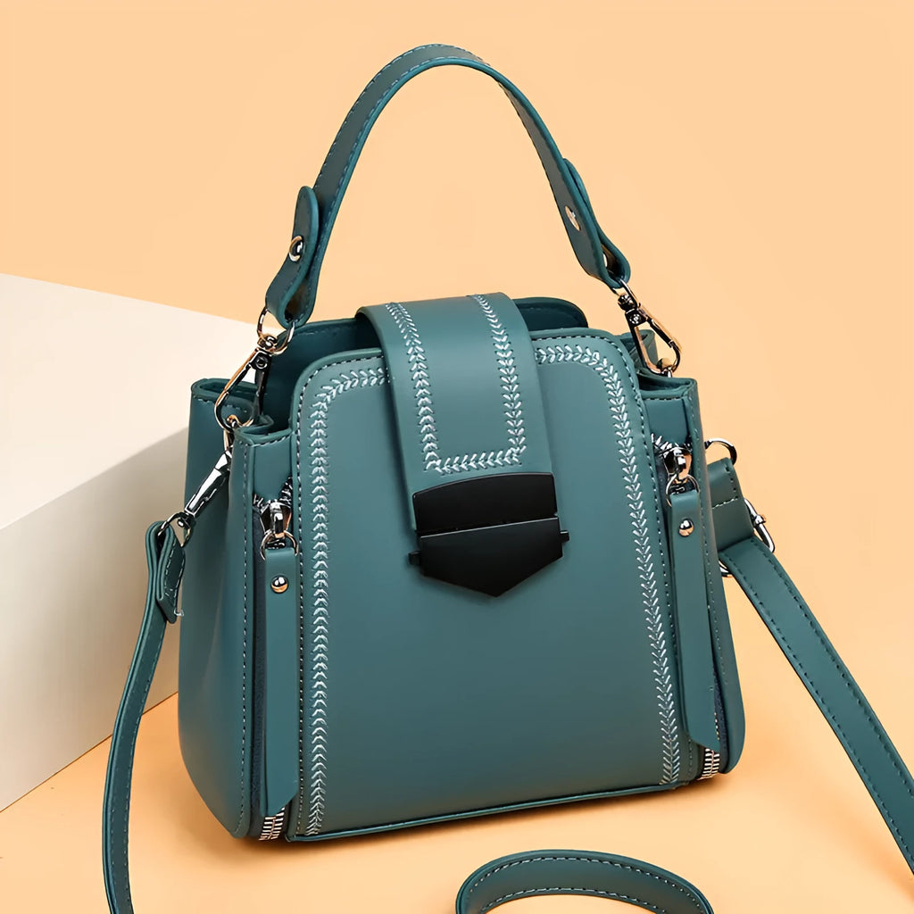 Small square handbag in soft textured PU leather with sewing thread details