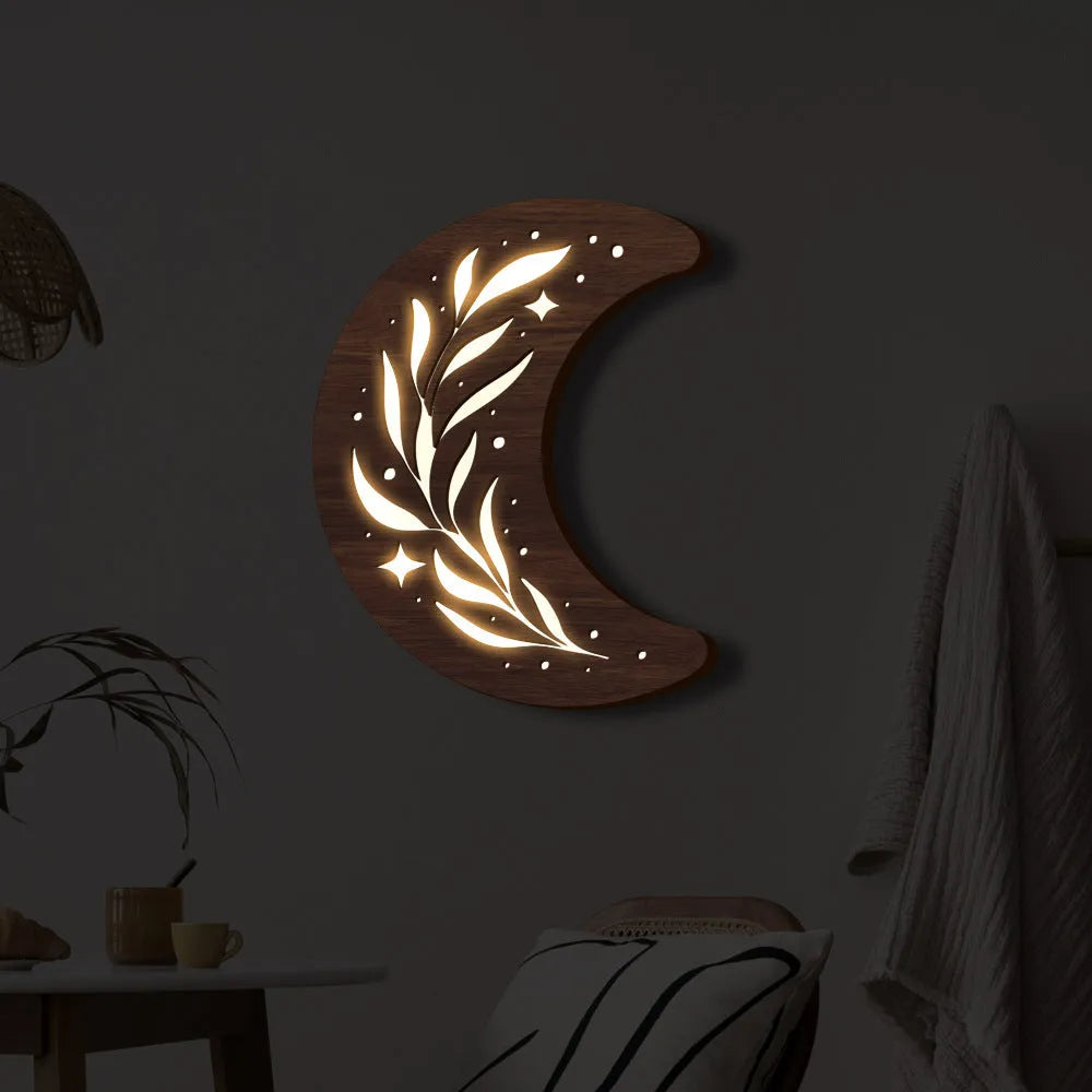 Bohemian style wooden leaf crescent pendant lamp in basswood with buckle hook for hanging