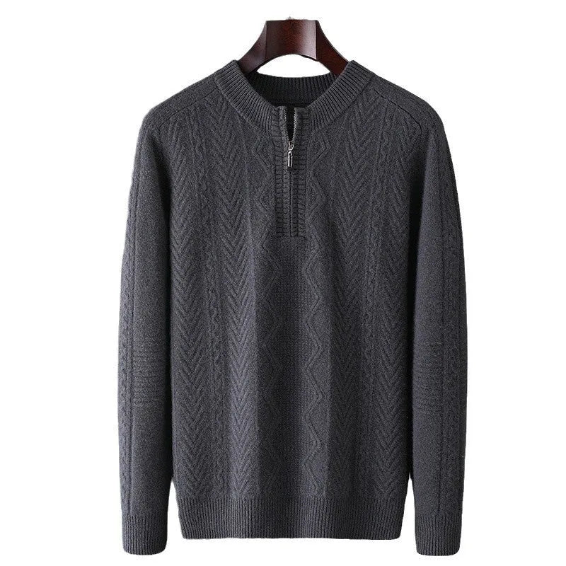 Men's diamond lattice pattern pure wool sweater with half zipper in dark camel colour showing texture and fit