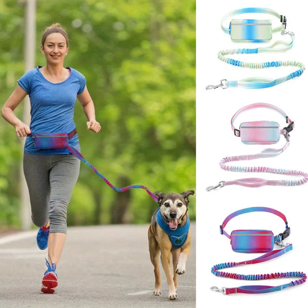 Adjustable hands-free dog leash with waist belt, chest strap, and reflective traction rope in four colour options