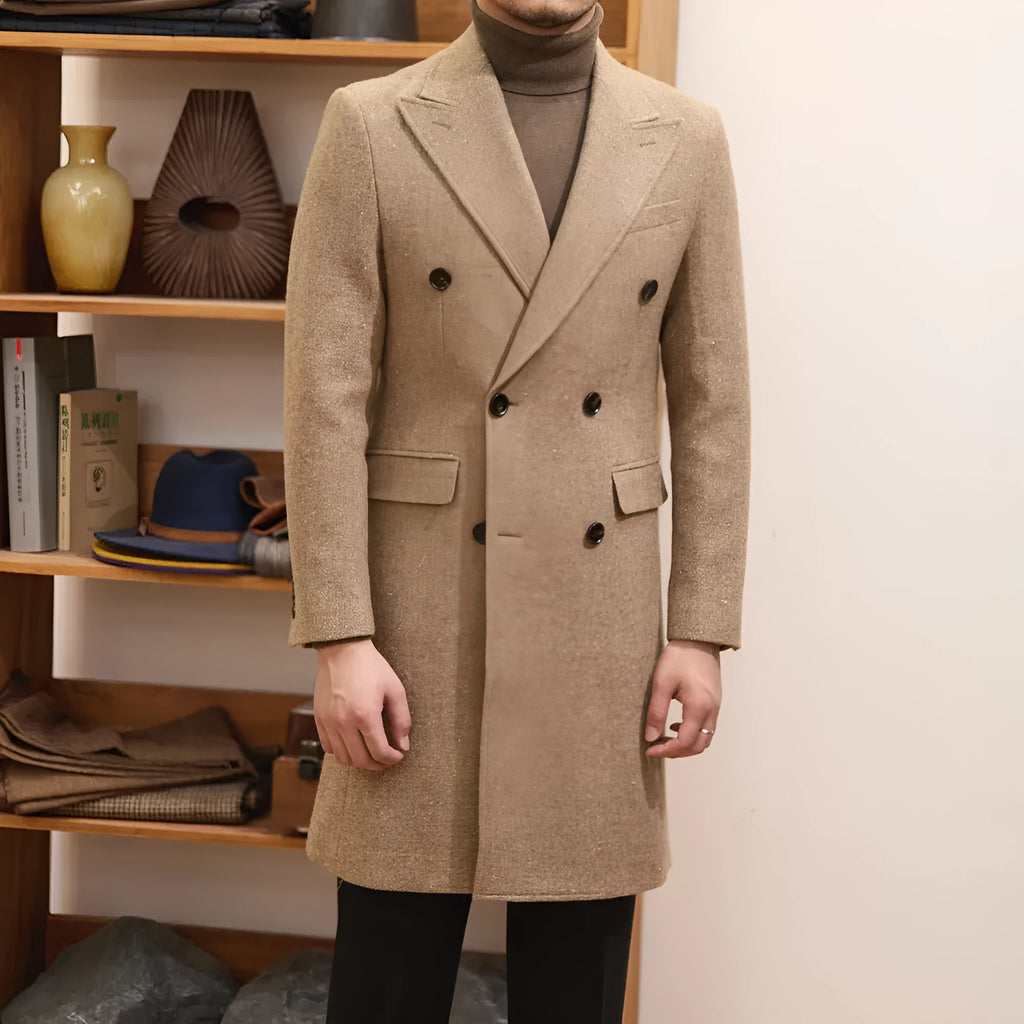 Brown men's double-breasted slim-fit wool blend jacket with side seam pockets and straight hem.