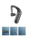 Black Bluetooth earphones with hanging ear design showing silicone ear caps and charging port