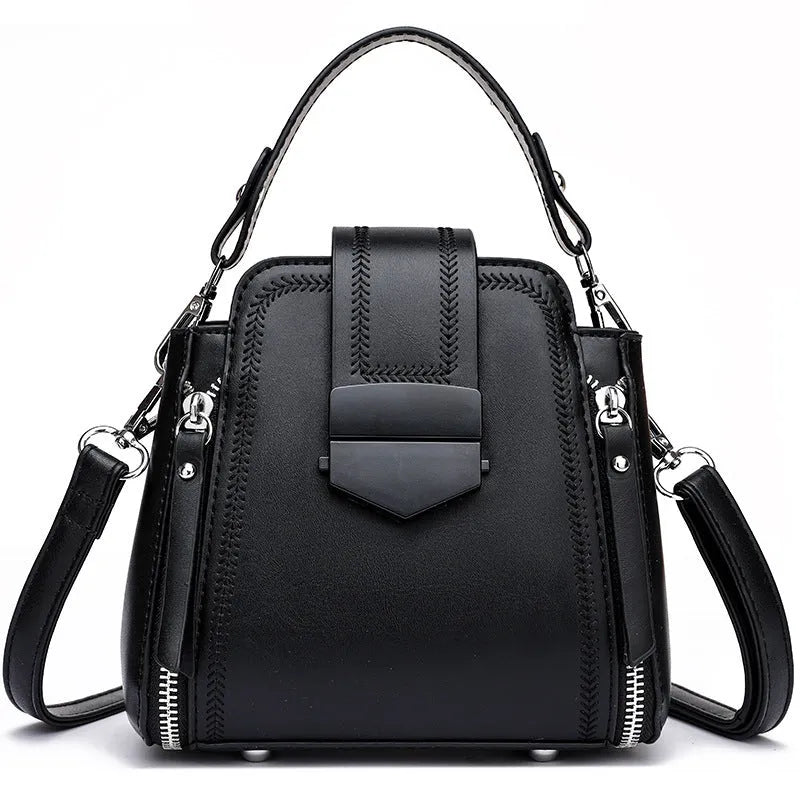 Small square handbag in soft textured PU leather with sewing thread details