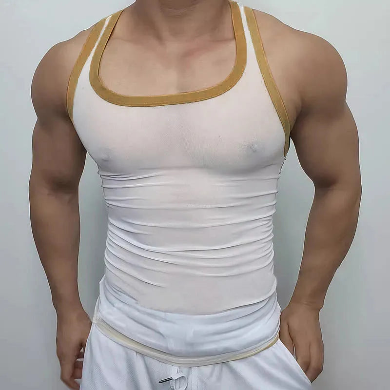 Men's black mesh fitness vest with straight hem design for sports wear