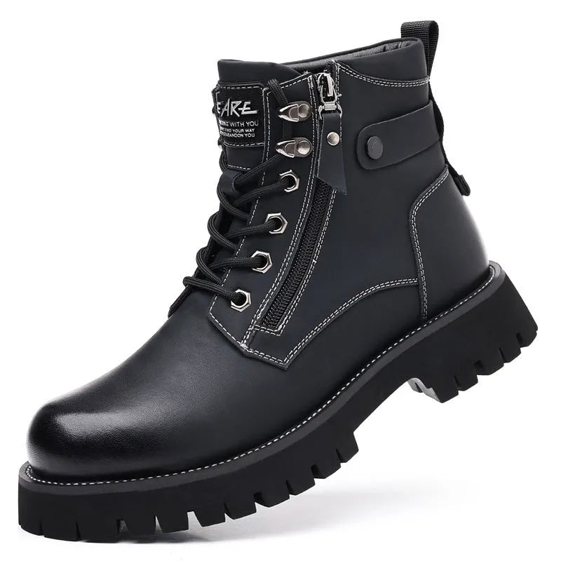 Men's brown leather high-top boots with side zipper and 3-5cm heel, showing round toe and mid-calf length