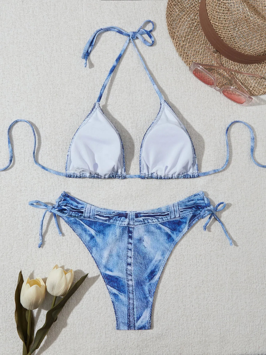 Women's denim blue bikini set with adjustable straps, showing front and back views on mannequin