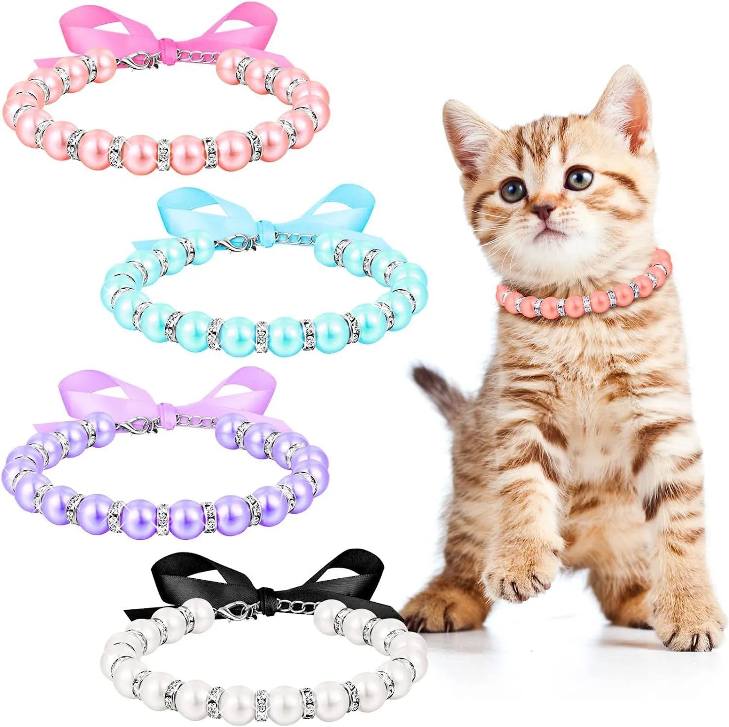 Diamond dog pearls necklace with adjustable clasp, imitation pearls, and rhinestones on soft ribbon for small pets