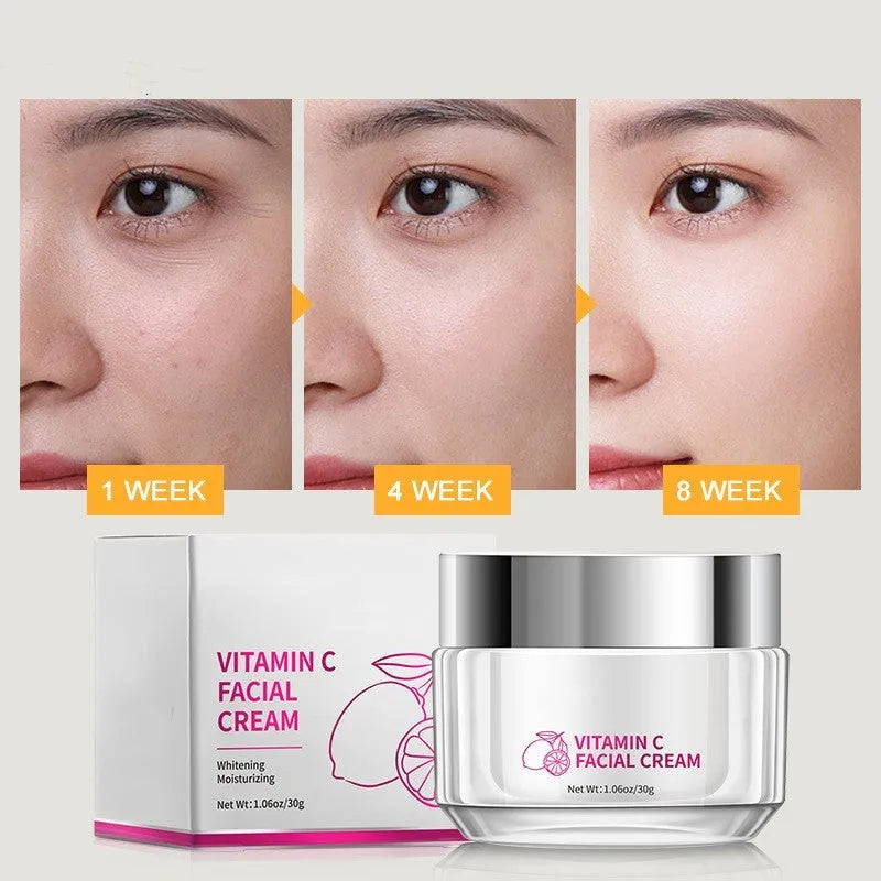 30g vitamin C face cream in a 6cm by 6cm by 5.2cm jar for universal skin types.