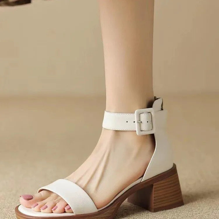 Women's retro ankle-strap platform high heels in white and khaki colours with round toe design