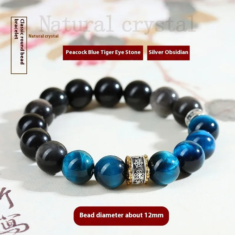 Handmade peacock blue Tigereye stone bracelet with geometric round design and adjustable wristband