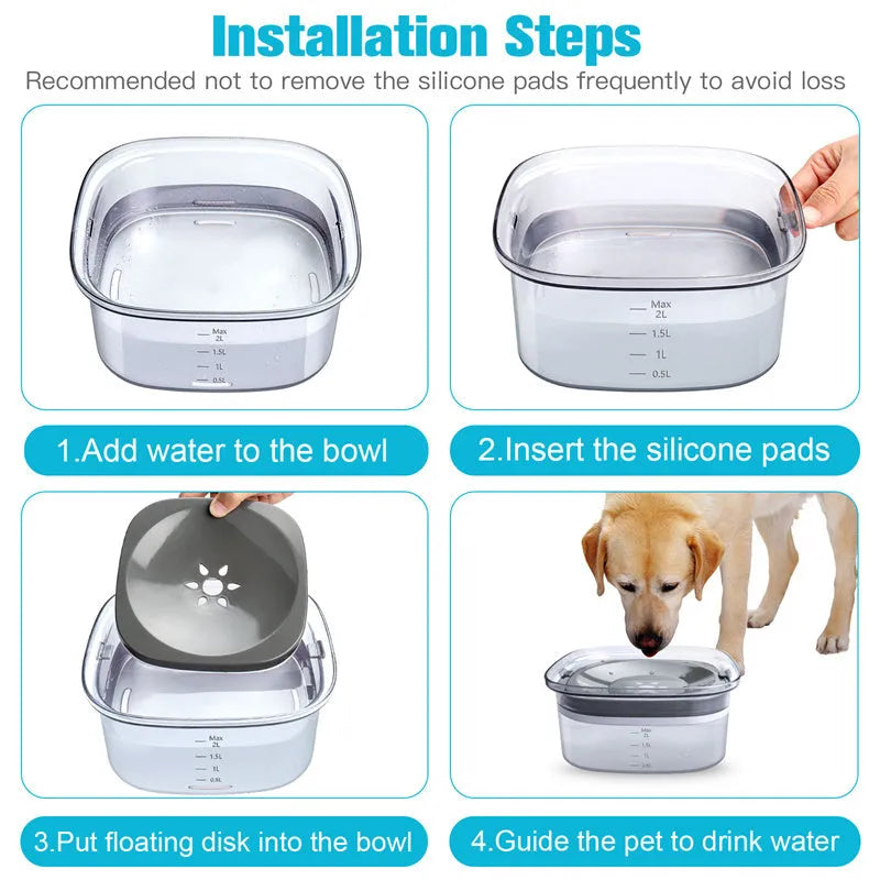 Clear plastic dog water bowl showing water level, with a white floating disc inside on a non-slip base.