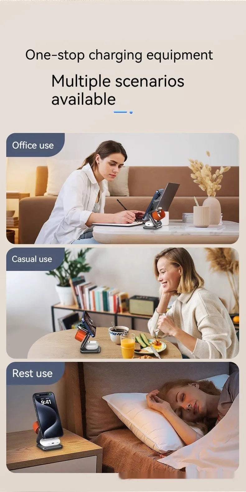 White foldable magnetic wireless charging holder for mobile phones showing QC3.0 fast charge.