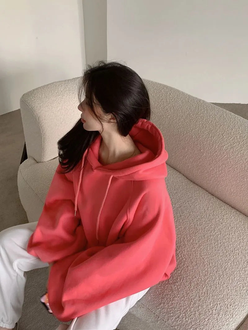 Women's mulberry silk hooded sweater in watermelon red, sleeveless design with hood, loose fit