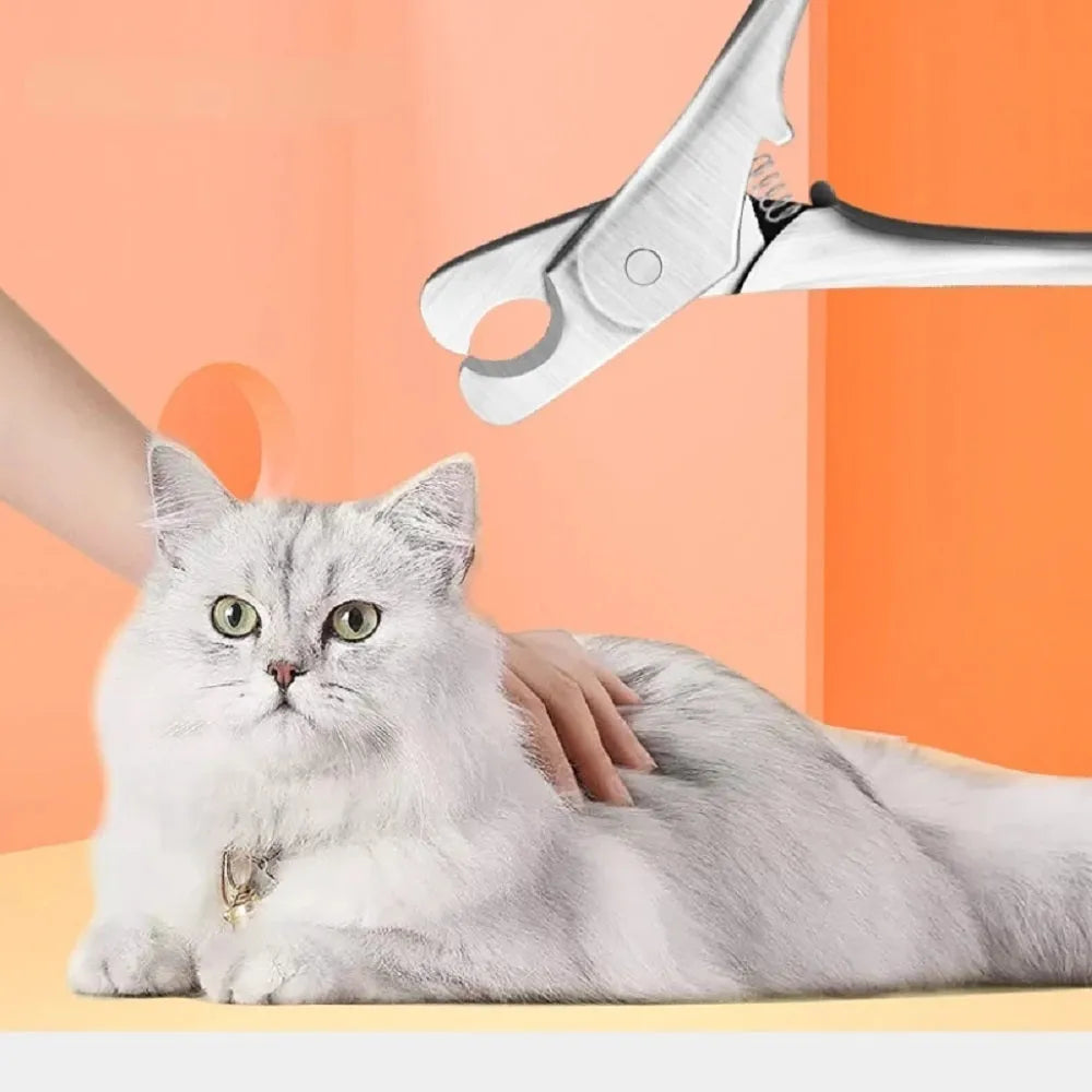 Silver professional pet nail clipper with stainless steel blades and safety guard for dog and cat grooming