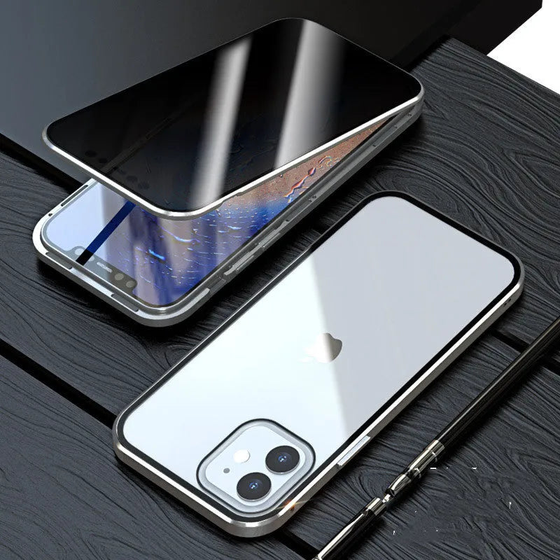 Magnetic privacy glass phone case in black for iPhone, showing metal frame and tempered glass back.