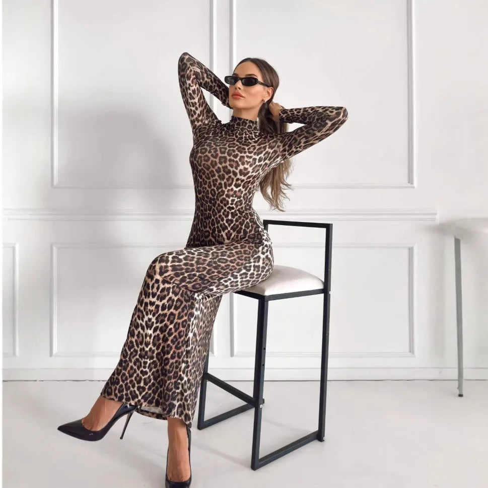 Leopard print women's dress with stand collar, long sleeves, and high waist hip skirt design