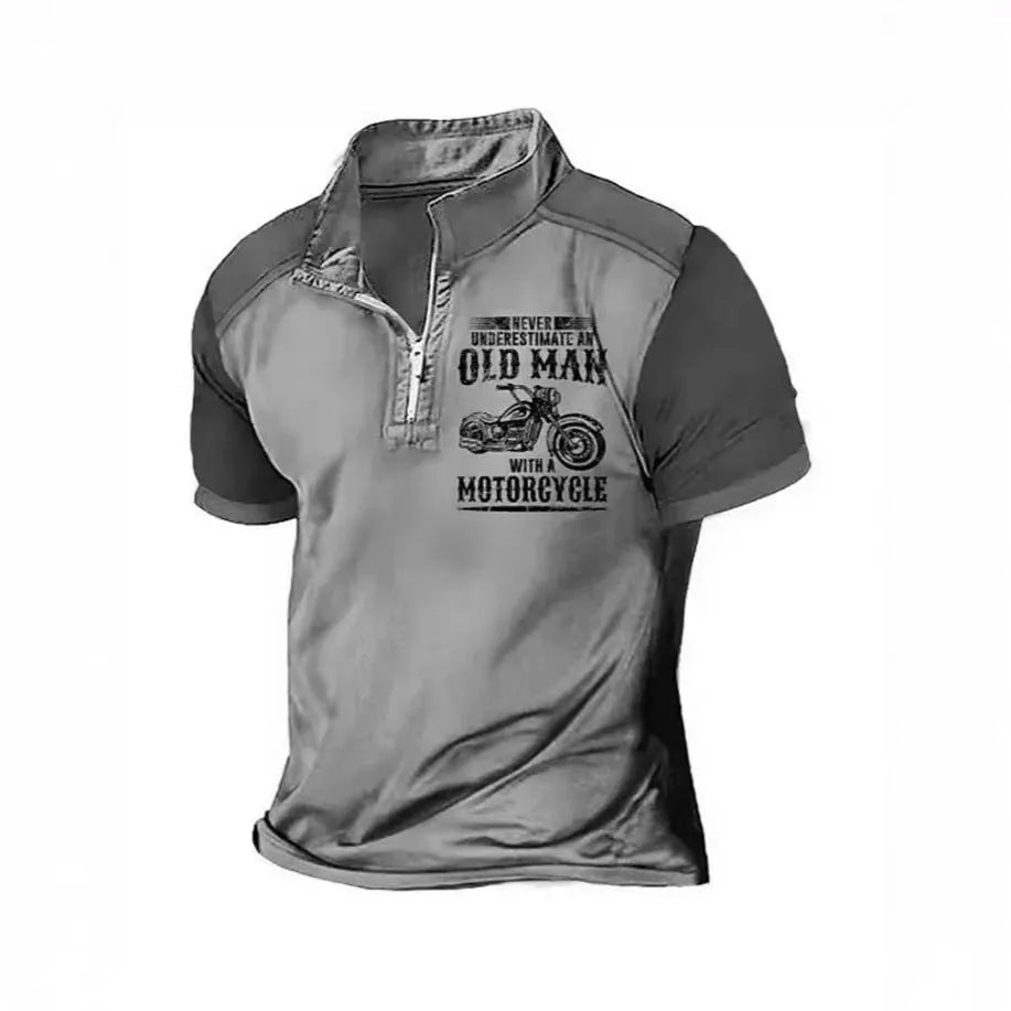 Men's casual polo shirt with zipper lapel and digital letter print in colour PL02-GG7366, size M, short sleeves