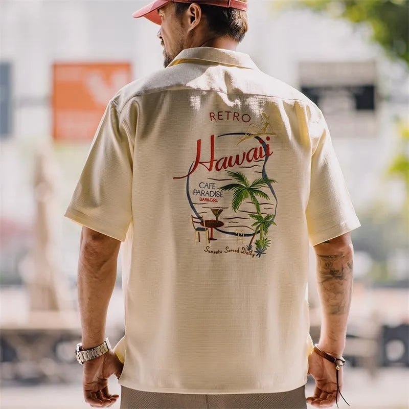 Bamboo pattern Cuban collar shirt for men in light apricot colour with plant and flower design