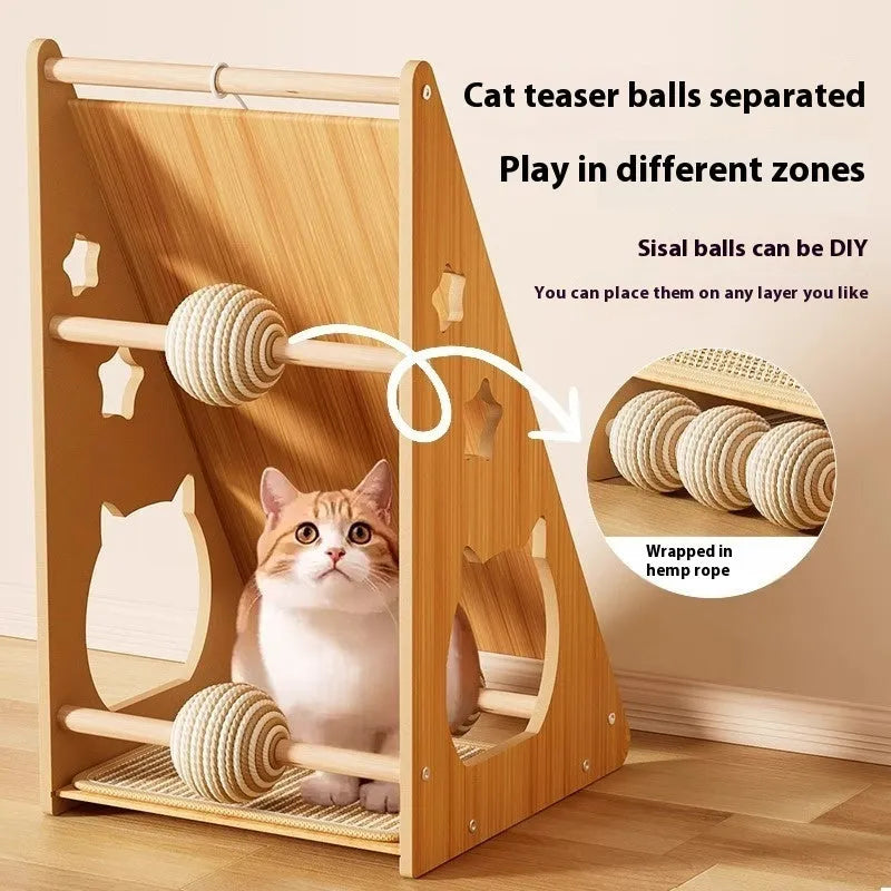 Vertical wall-mounted cat scratch board with teasing ball and sisal scratching surface