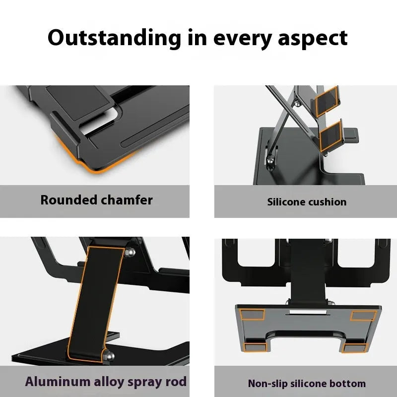 Foldable rotating alloy laptop stand bracket for notebooks, flat desktop multi-angle riser in black or silver
