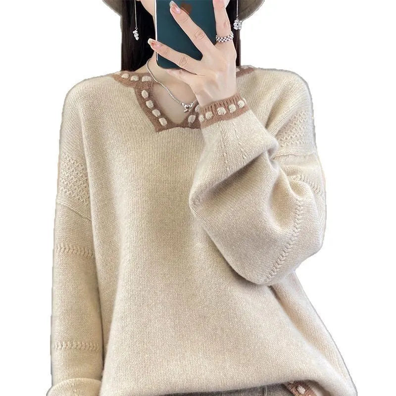 Women's V-neck pullover sweater in viscose fibre, camel colour, long sleeves, size S to 3XL