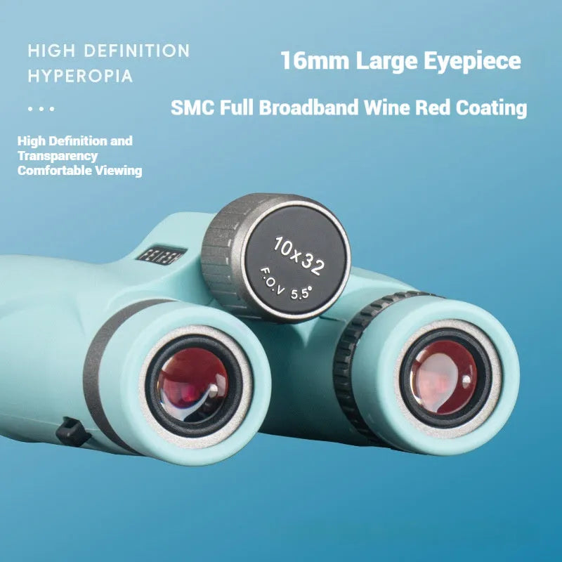 Wine Red Film Imaging Bright Binoculars in blue or grey with 10x32 specs and compact plastic body