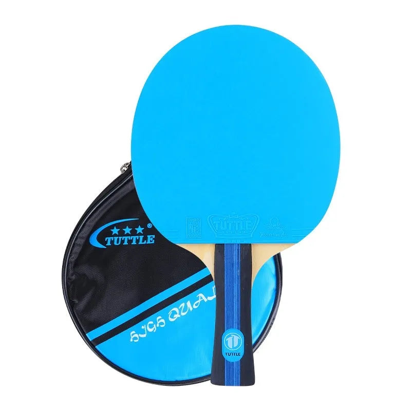 Single table tennis racket with high-elasticity rubber and long shakehand grip next to its matching protective carry bag.